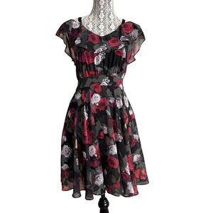 Guess Dress Floral gothic Woman size‎ XS Red & black flowy fairy  ruffel